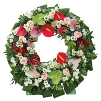 Coroana funerara rotunda anthurium si lisianthus 2